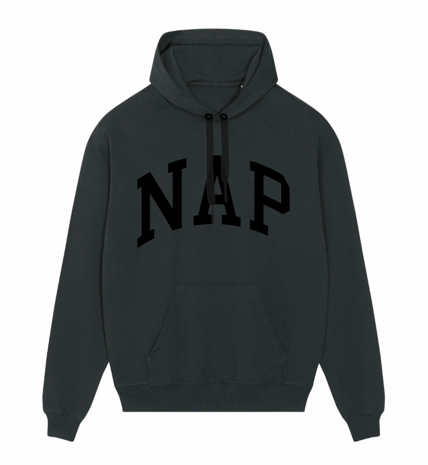 SOLD OUT - BUY 1, GIFT 1: 'MATTE BLACK' NAP HOODIE - ORGANIC COTTON, MEDIUM WEIGHT, MEDIUM FIT, PRINTED LOGO
