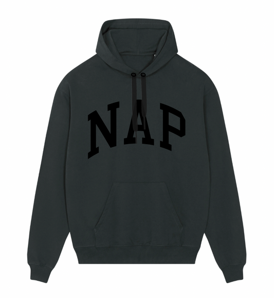 SOLD OUT - BUY 1, GIFT 1: 'MATTE BLACK' NAP HOODIE - ORGANIC COTTON, MEDIUM WEIGHT, MEDIUM FIT, PRINTED LOGO