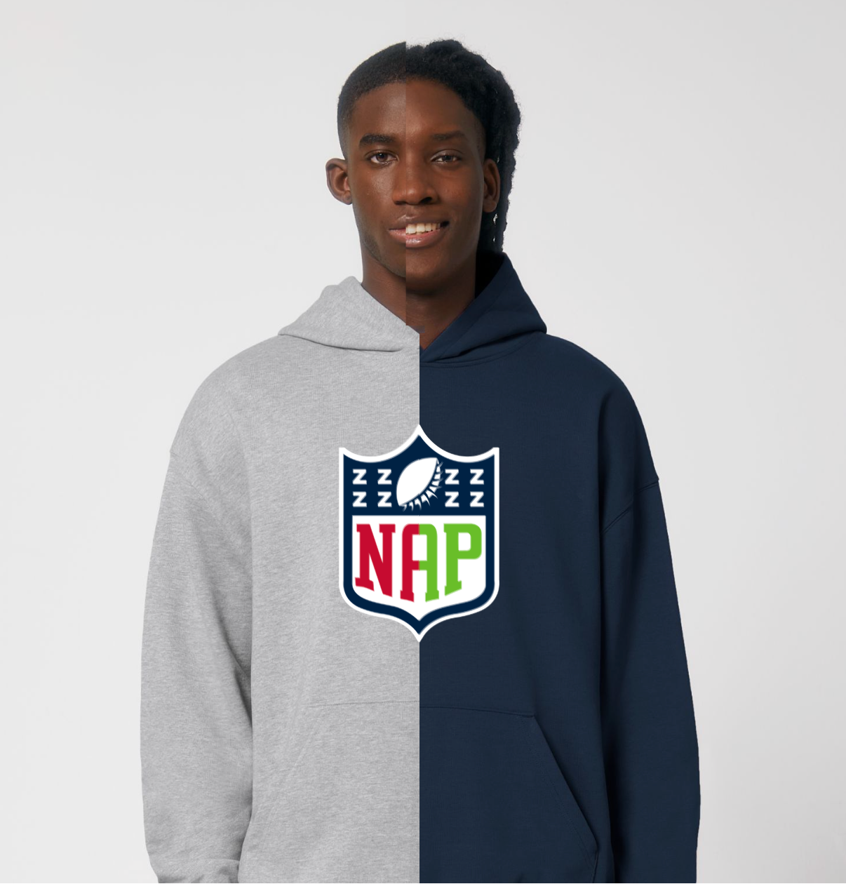 Person wearing an american football inspired NAP hoodie with a NAP logo on the chest