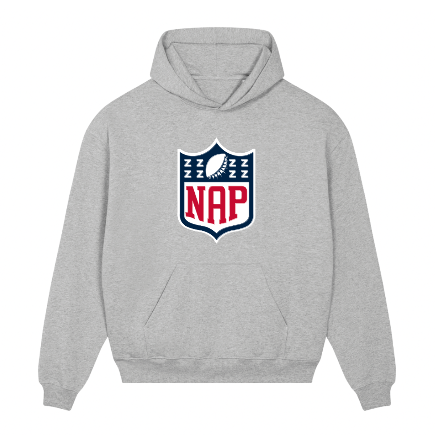 Gray hoodie with NFL logo and 'NAP' text on a white background