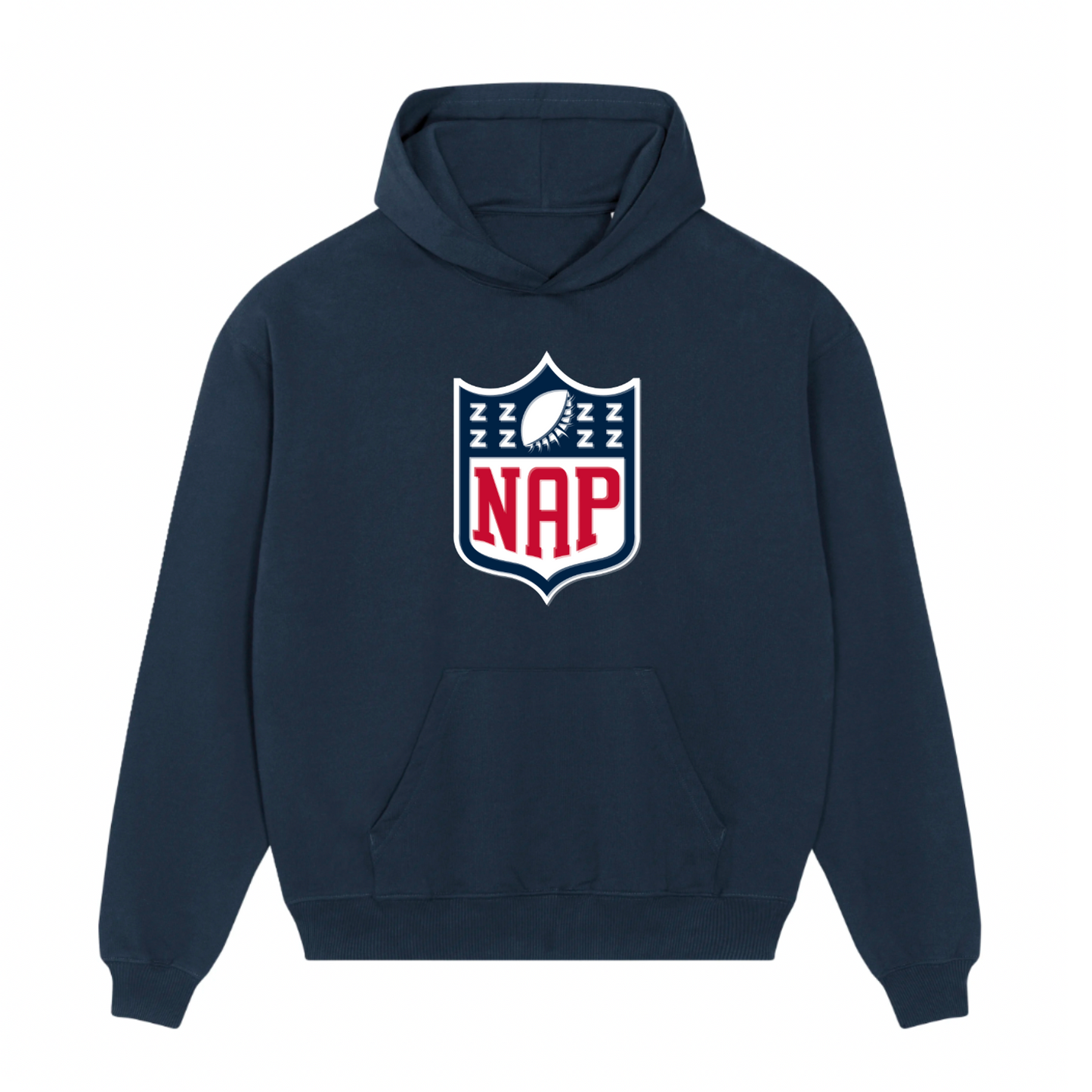 Navy blue hoodie with american football logo on the chest on a white background