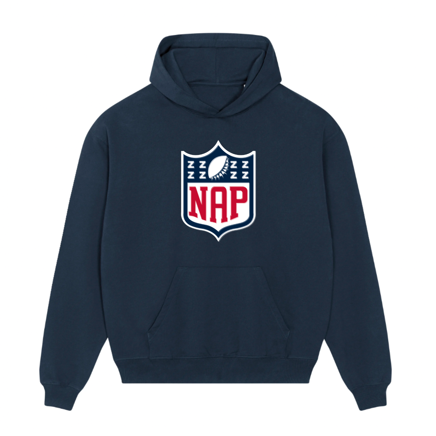 Navy blue hoodie with american football logo on the chest on a white background