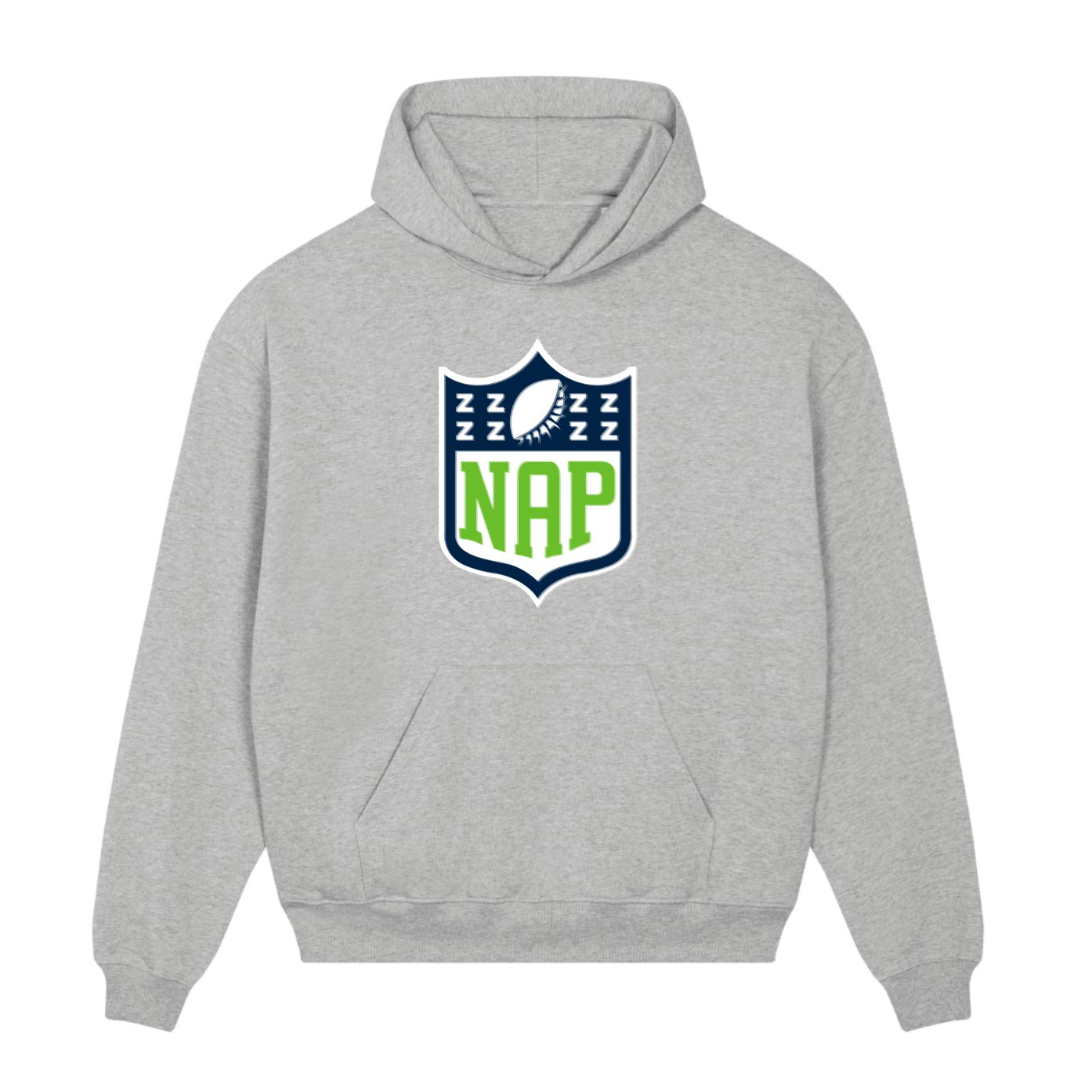 Gray hoodie with american football inspired NAP logo on a white background