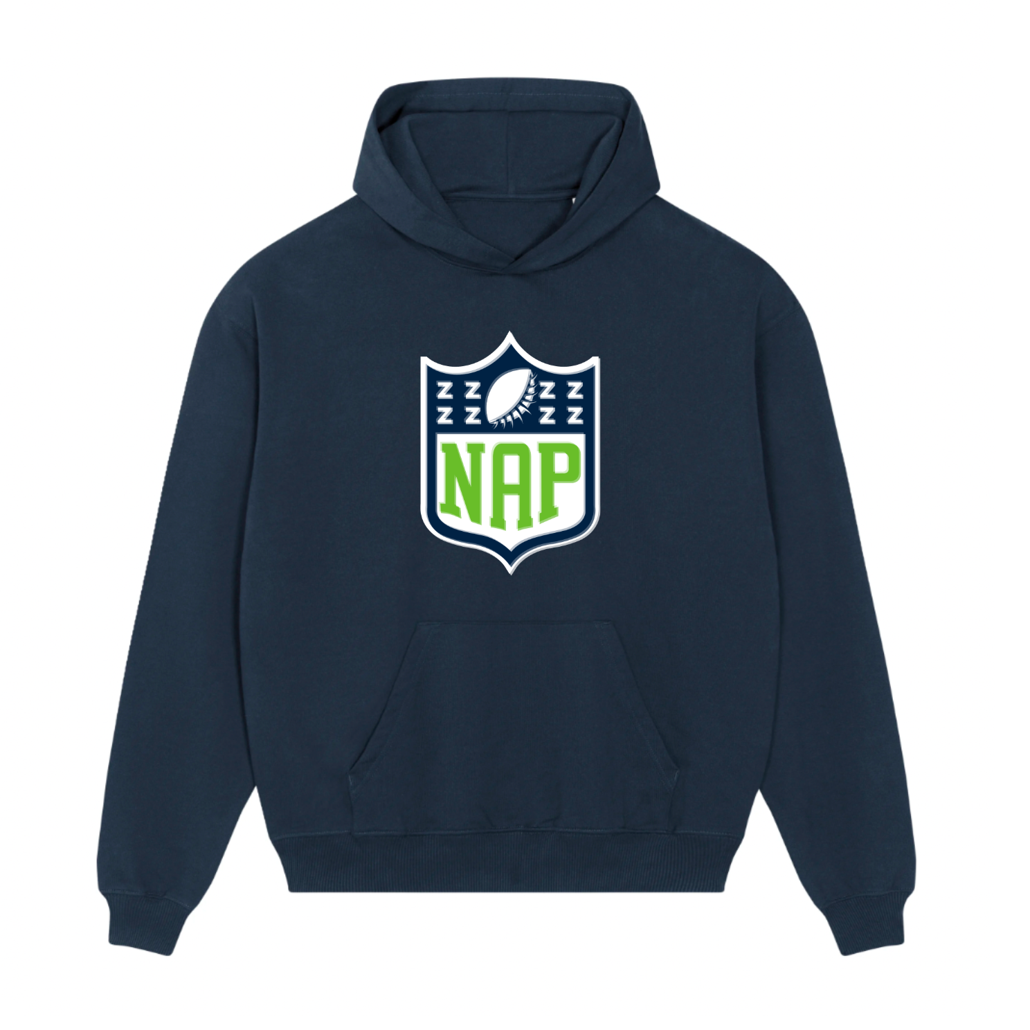 Navy blue hoodie with american football inspired NAP logo on the front
